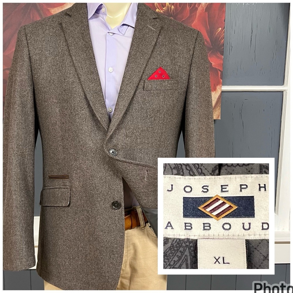 Joseph Abboud Tweed Blazer Sport Coat Mens XL (44R) Wool Blend Herringbone Brown